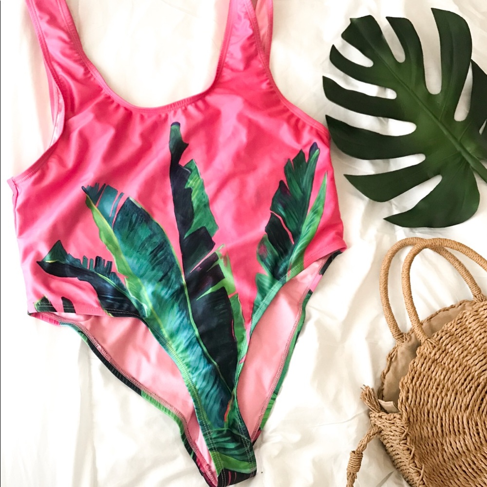 Hot pink tropical one piece bathing suit